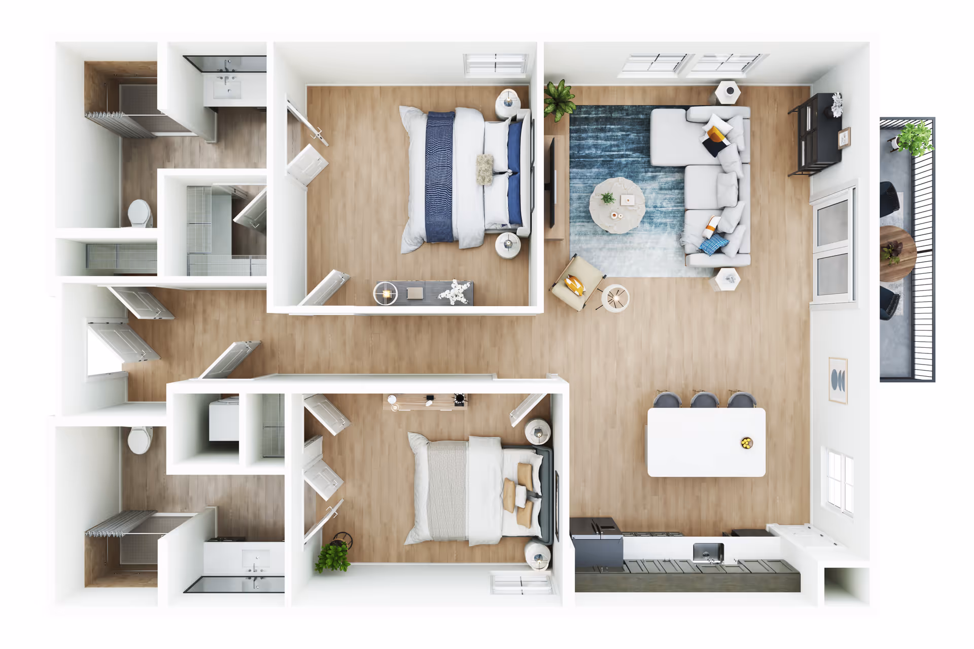 Top-down view of a two-bedroom apartment floor plan featuring two bedrooms with beds and nightstands, two bathrooms with showers and toilets, a living room with a sectional sofa, armchair, coffee table, and TV, a dining area with a table and chairs, a kitchen with appliances and a sink, and a small balcony with outdoor seating.