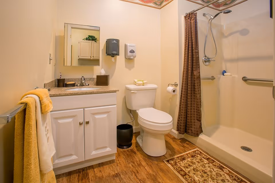 A clean bathroom with a white vanity and sink, a mirror above the sink, a toilet next to the vanity, and a shower with a brown patterned curtain. The floor is wood-style, and there are yellow and white towels hanging on a towel rack. A small decorative rug is placed in front of the shower.