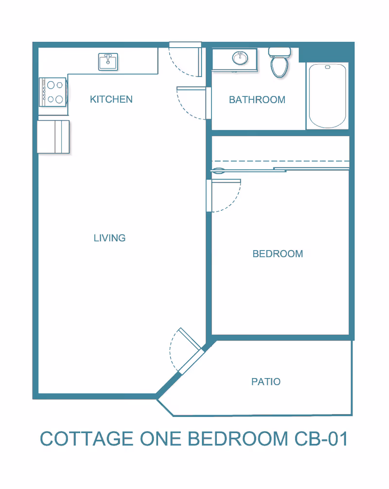 Floor plan of a one-bedroom cottage labeled CB-01, showing a kitchen, living area, bathroom, bedroom, and patio.