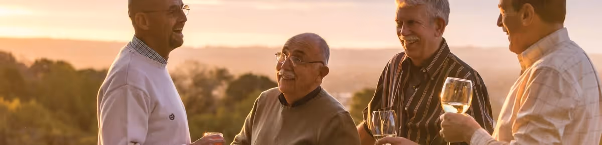 Four elderly men standing outdoors during sunset, smiling and holding glasses of white wine, with a scenic background of trees and hills.