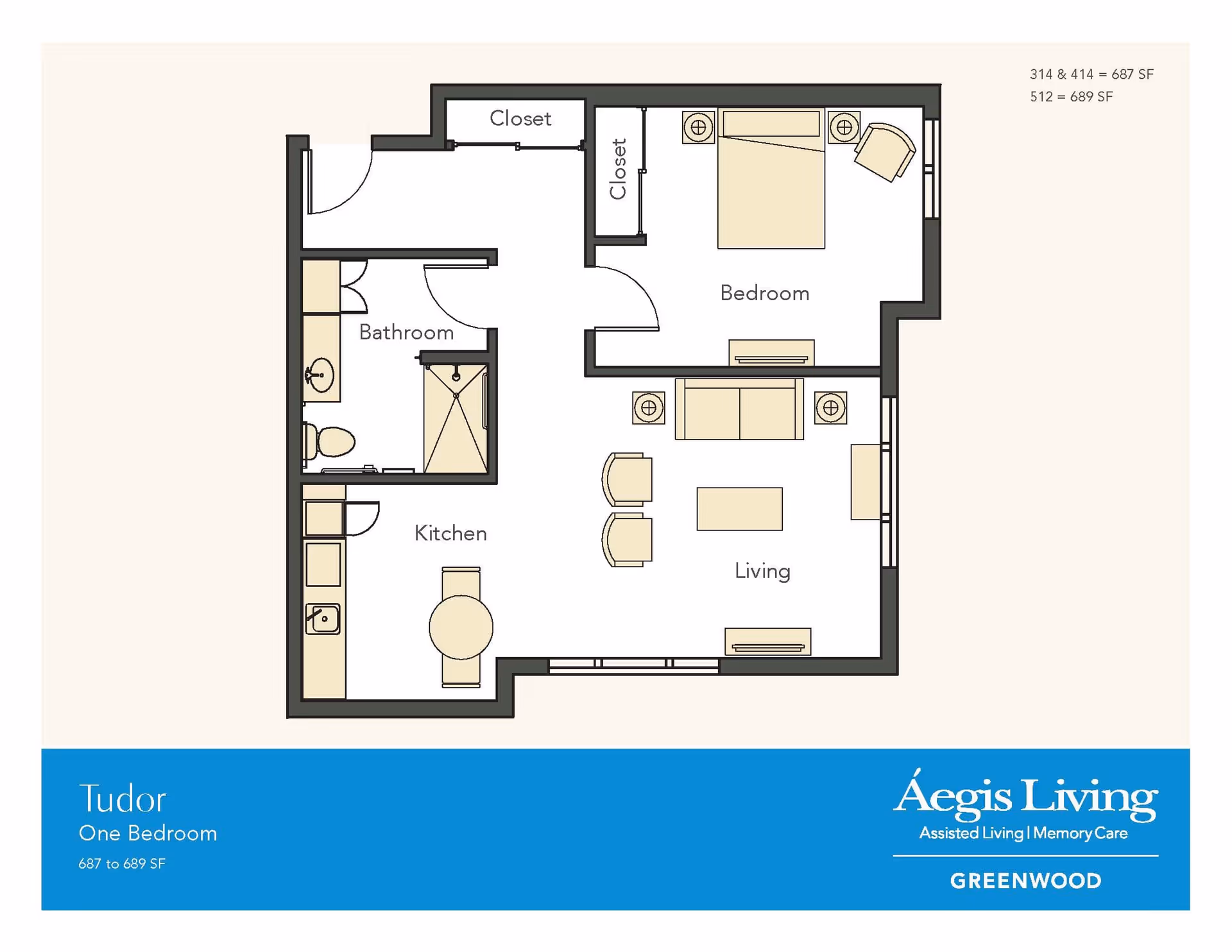 Floor plan of a one-bedroom apartment named Tudor at Aegis Living Greenwood, showing a bedroom, bathroom, kitchen, living area, and closets with furniture layout.