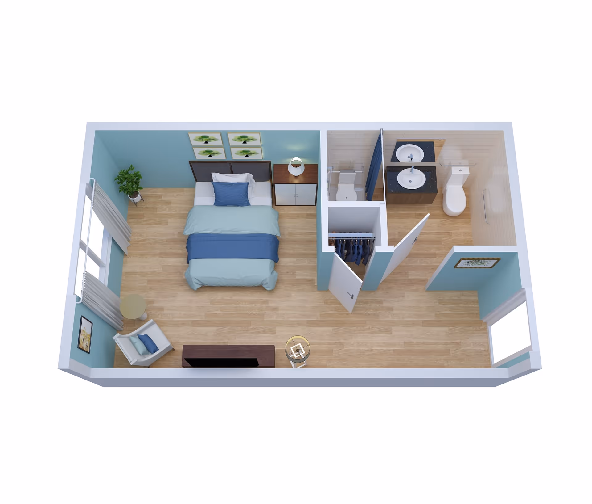 Top-down 3D studio floor plan showing a bedroom with a bed and nightstand, a small seating area, closet, and attached bathroom.
