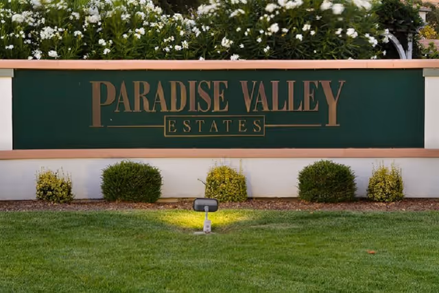 Green and tan entrance sign reading 'Paradise Valley Estates' with trimmed bushes, lawn, and a spotlight in front.