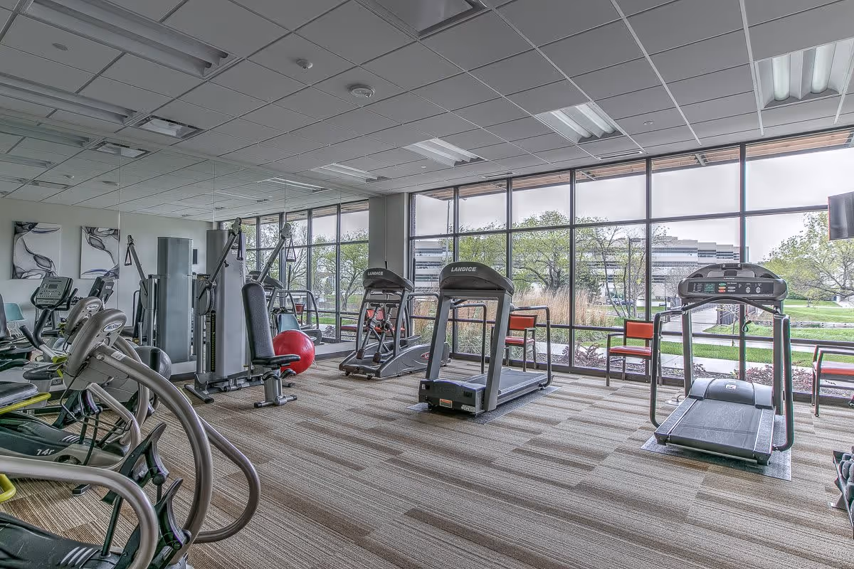 A senior living facility fitness room with exercise equipment including treadmills, elliptical machines, weight machines, and a red exercise ball. Large windows provide a view of trees and a building outside, allowing natural light to fill the room.