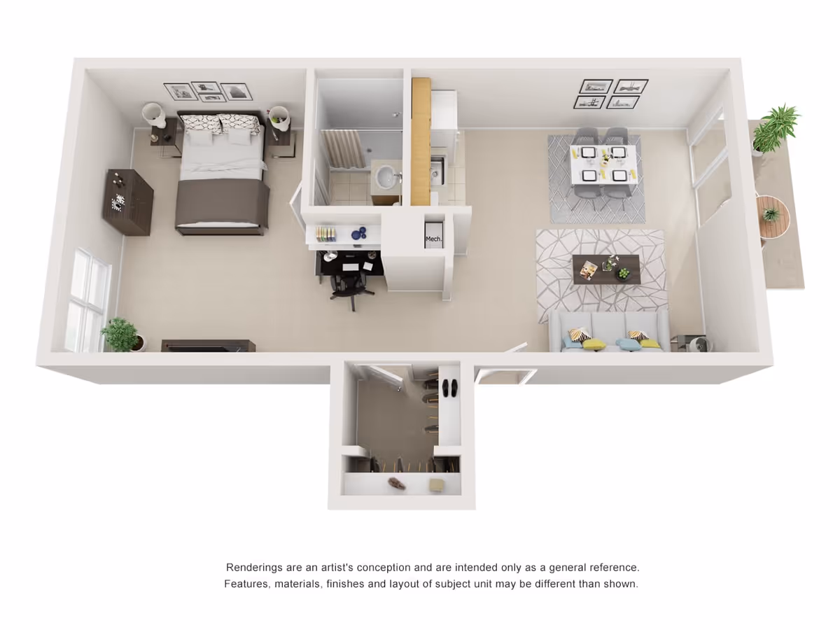 3D floor plan rendering of a one-bedroom apartment showing a bedroom, bathroom, kitchen, dining and living area with a small balcony.