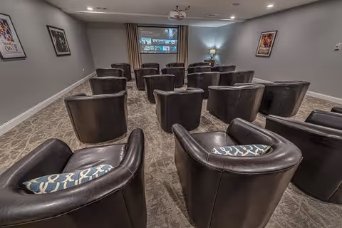 A small theater room with multiple rows of black leather armchairs, each with a decorative pillow. A projector screen is visible at the front of the room, displaying a video call or presentation. The room has gray walls, carpeted floor, and framed posters on the walls.