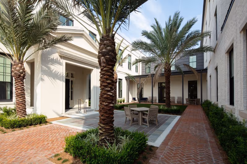 Outdoor courtyard area at The Carrollton featuring tall palm trees, a paved walkway, and a seating area with a table and chairs. The courtyard is surrounded by a white building with large windows and a covered patio with additional seating.
