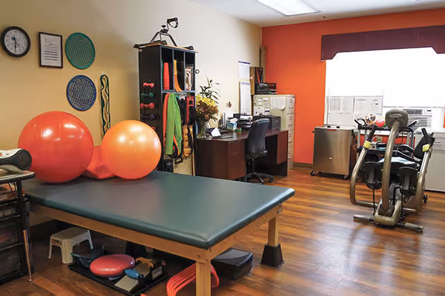 A therapy or exercise room with a padded treatment table, two large exercise balls, various exercise equipment, a desk with a chair, filing cabinets, and an exercise bike near a window with an air conditioner.
