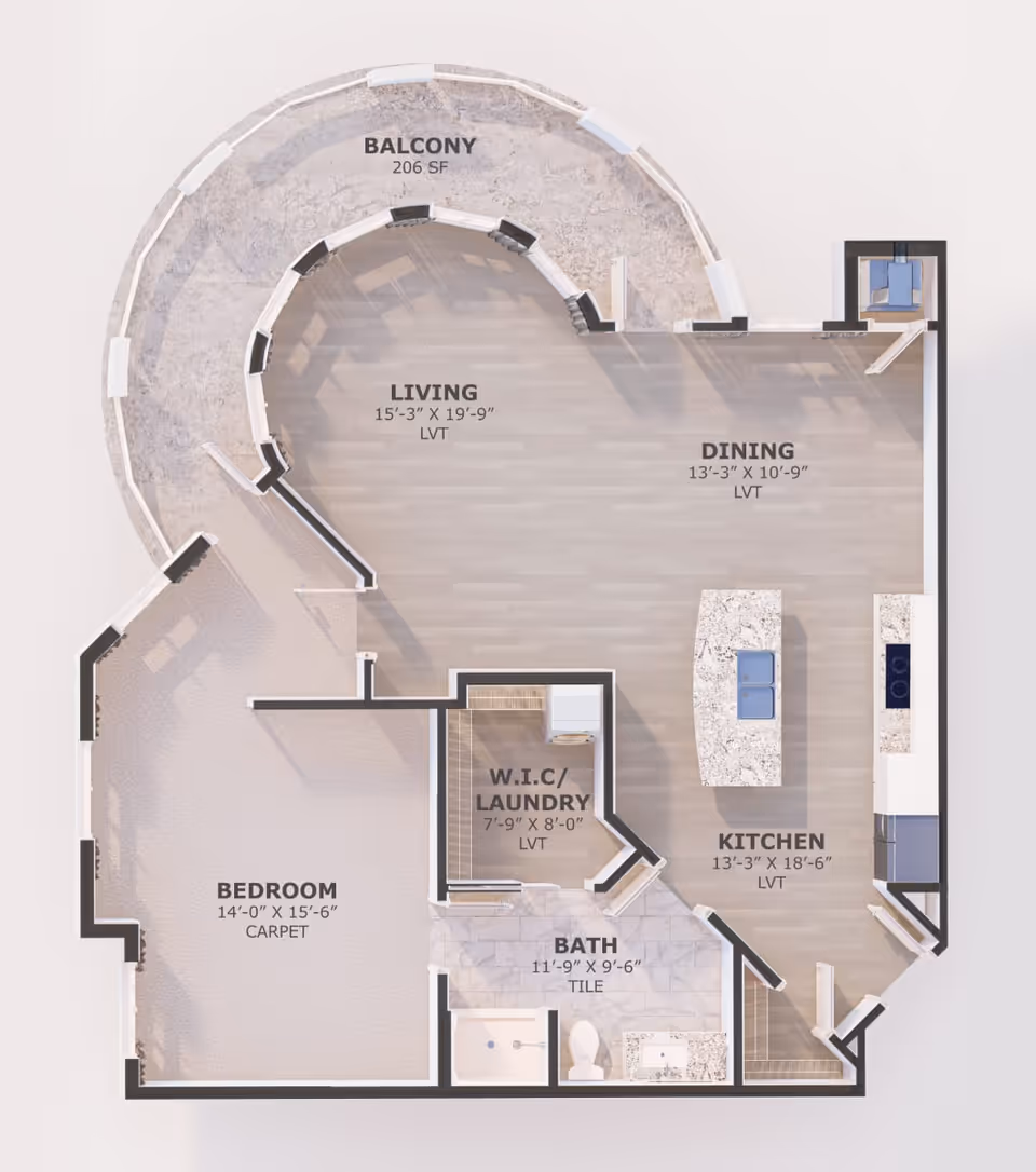 Floor plan of an apartment at Cambridge Village of Wilmington showing a balcony, living room, dining area, kitchen, bedroom, walk-in closet/laundry, and bathroom with dimensions and flooring types labeled.