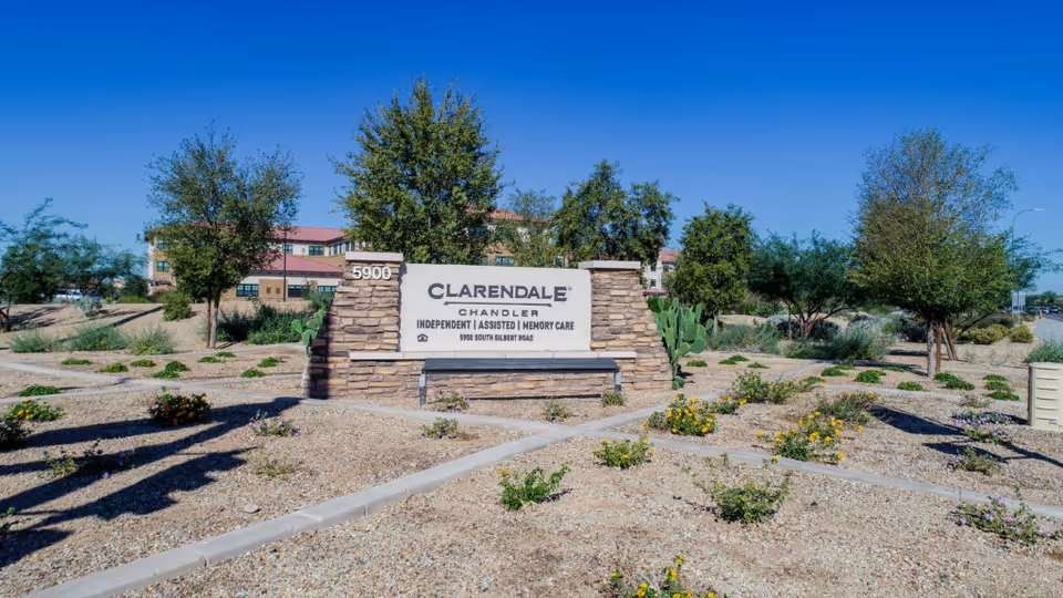 Outdoor view of the entrance sign for Clarendale of Chandler, a senior living facility offering independent, assisted, and memory care. The sign is made of stone and concrete with landscaping of small plants and trees around it. The building is visible in the background under a clear blue sky.
