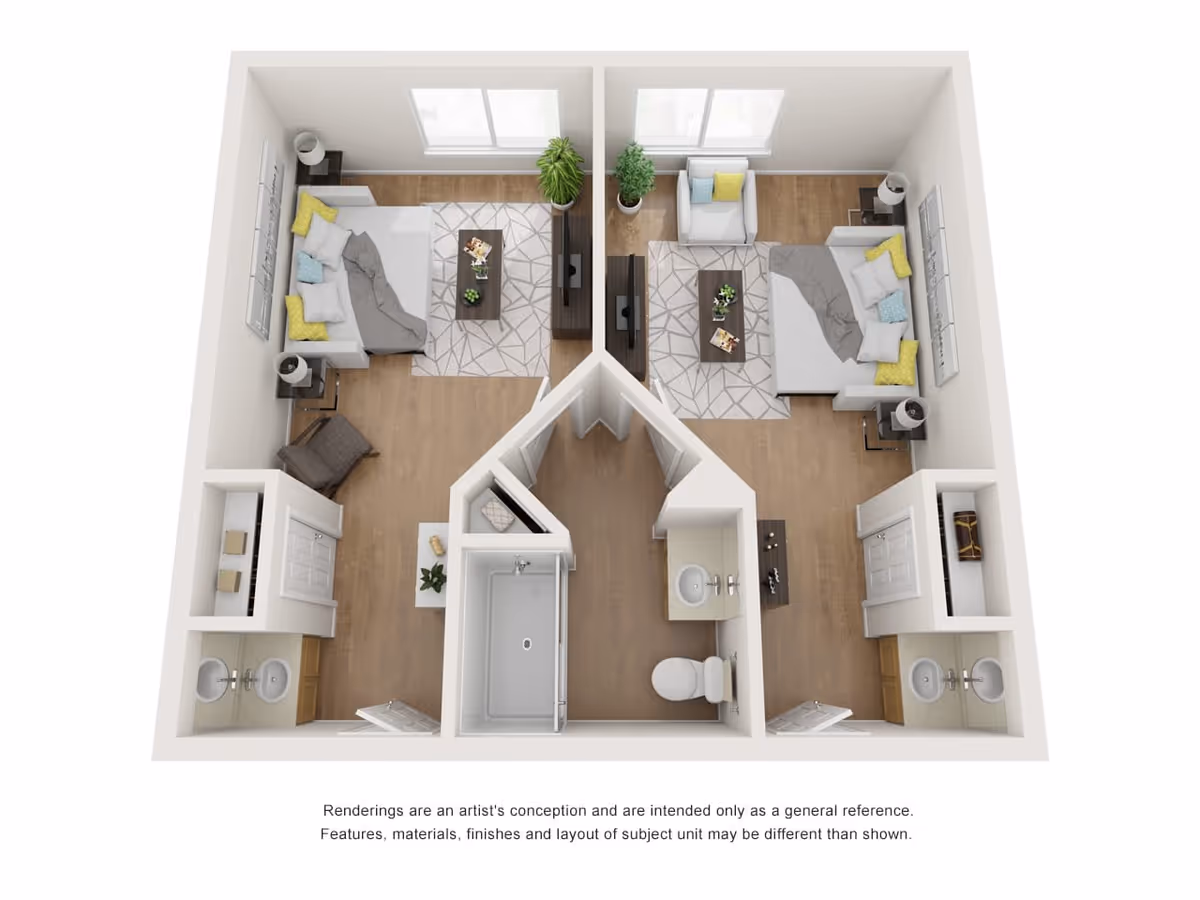3D floor plan of a two-bedroom apartment with two separate bedrooms, each furnished with a bed, nightstands, a chair, and a TV stand. The bedrooms are separated by a central bathroom that includes a bathtub, toilet, and sink. Each bedroom has a window and a closet.