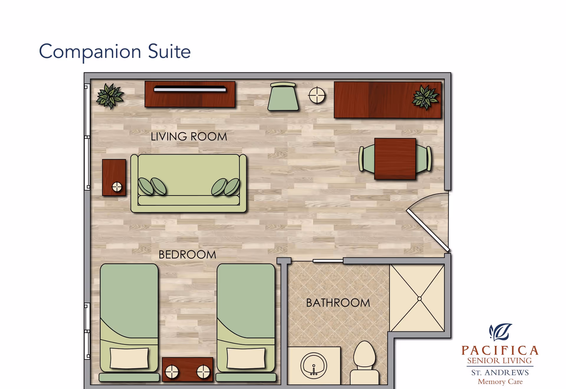 Floor plan of a companion suite at St. Andrews Memory Care showing a living room with a sofa, two chairs, a coffee table, and plants; a bedroom area with two single beds and a nightstand between them; and a bathroom with a sink, toilet, and shower.