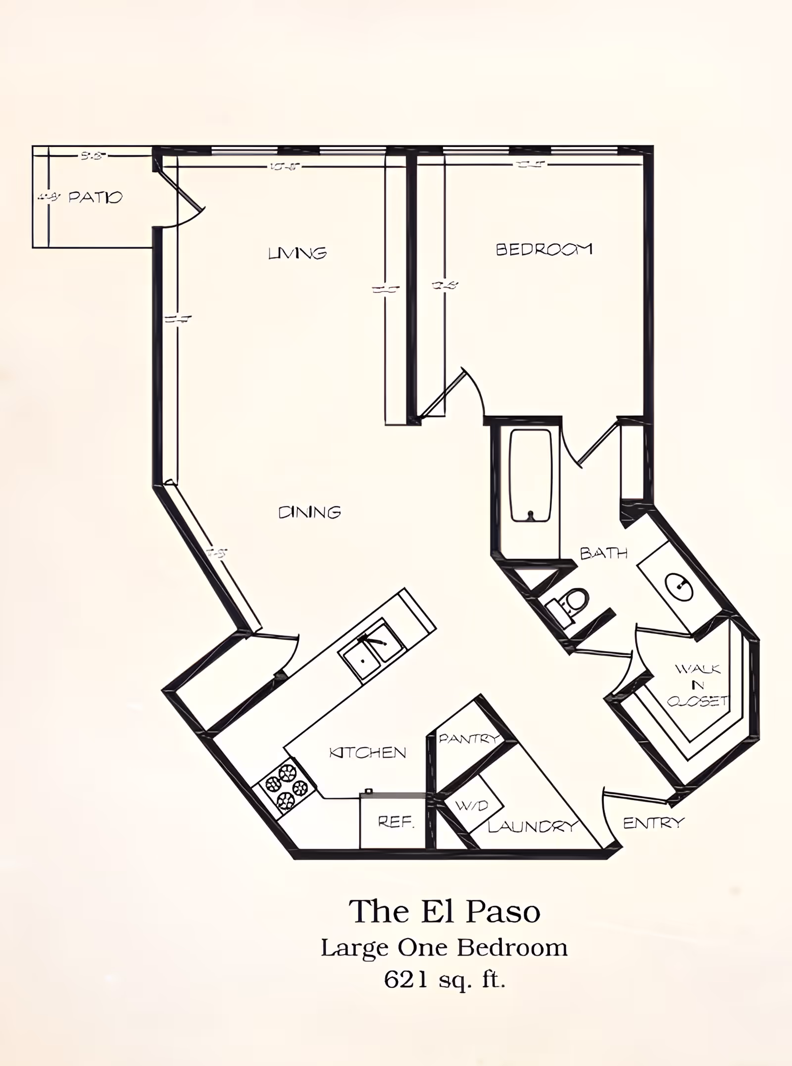 Black-and-white floor plan titled 'The El Paso — Large One Bedroom, 621 sq. ft.' showing living, dining, kitchen, bedroom, bath, walk-in closet, laundry, and patio.