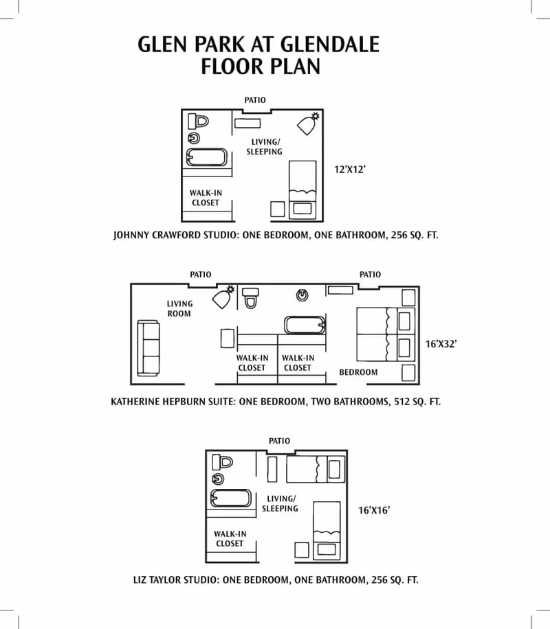 Floor plan layouts for Glen Park at Glendale showing three different apartment types: Johnny Crawford Studio with one bedroom, one bathroom, and a walk-in closet; Katherine Hepburn Suite with one bedroom, two bathrooms, two walk-in closets, and a living room; and Liz Taylor Studio with one bedroom, one bathroom, and a walk-in closet. Each layout includes dimensions and patio areas.