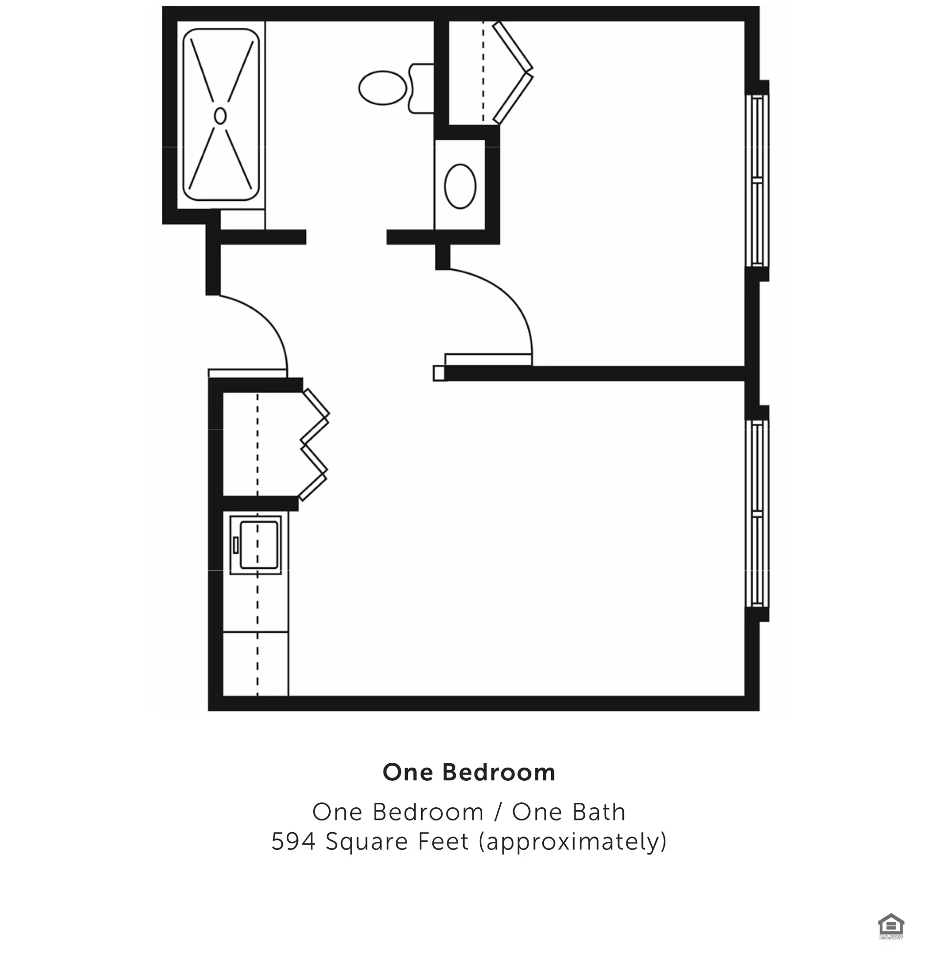 Floor plan of a one-bedroom, one-bath apartment approximately 594 square feet, showing a bedroom, bathroom with bathtub and toilet, kitchen area with sink, and living space.