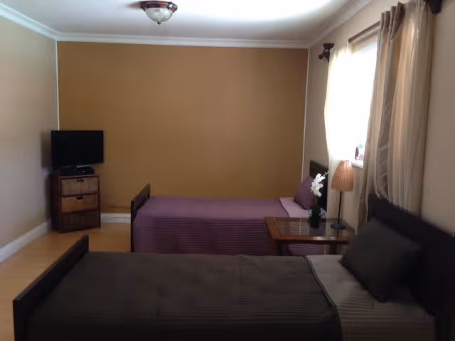 A bedroom with two single beds, one with a dark brown bedspread and the other with a purple bedspread. There is a small wooden side table with a lamp and a white orchid plant between the beds. A flat-screen TV is placed on a wicker drawer unit in the corner. The room has beige walls, a window with beige curtains, and a ceiling light fixture.