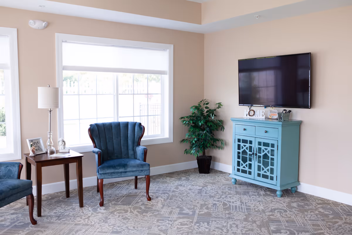 A bright living room area with beige walls and patterned carpet. There are two blue upholstered armchairs with wooden legs, a small wooden side table with a lamp and decorative items, a large window with white blinds, a green potted plant in the corner, and a wall-mounted flat-screen TV above a light blue cabinet with glass-paneled doors and decorative items on top.