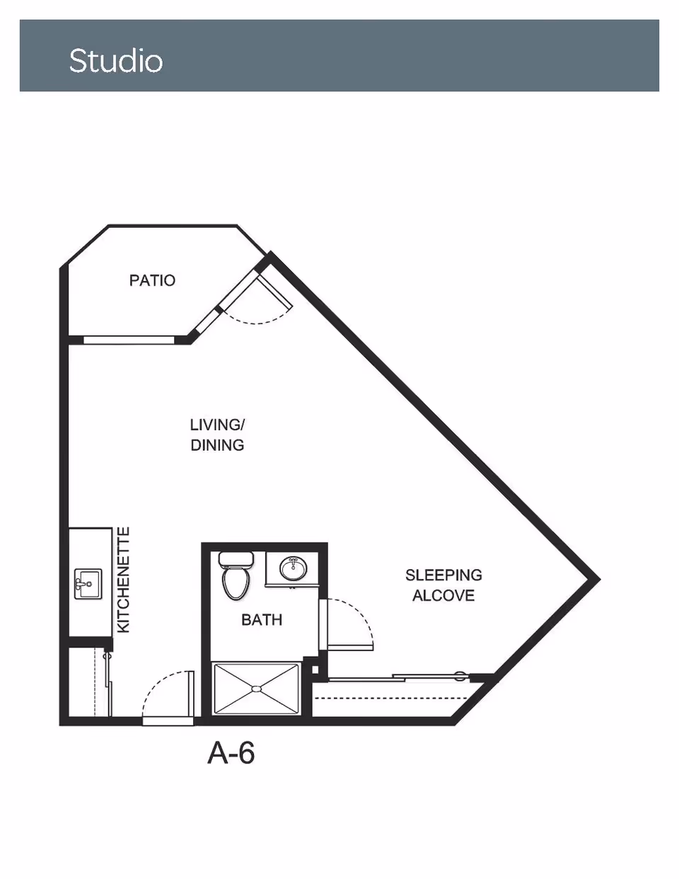 Floor plan of a studio apartment at Holiday Grasslands Estates showing a patio, living/dining area, kitchenette, bathroom, and sleeping alcove.