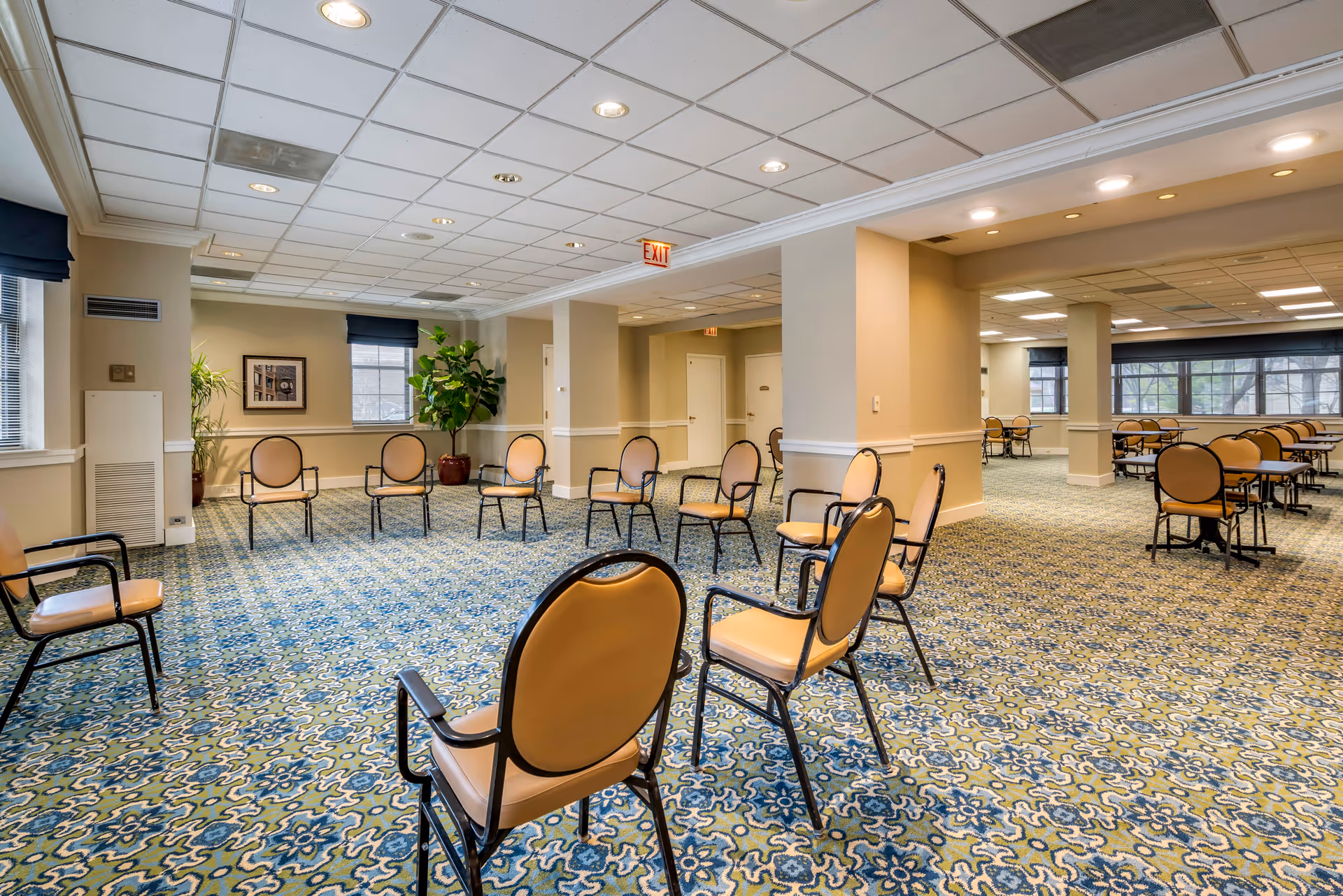 A spacious room with beige walls and a patterned carpet featuring blue and green tones. Several tan cushioned chairs with black metal frames are arranged in a circle in the foreground, while more chairs and tables are visible in the background. The room has multiple windows with black blinds, potted plants, and recessed ceiling lights. An exit sign is visible above a doorway.