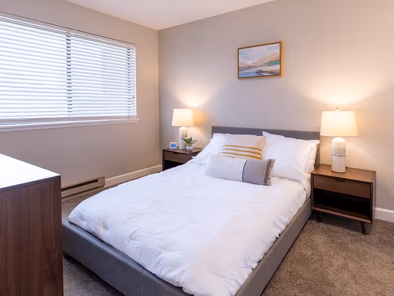 A neatly made bed with white bedding and three decorative pillows in a bedroom. The bed has a gray upholstered headboard and is flanked by two wooden nightstands, each with a lamp. A small plant and a clock are on the left nightstand. A framed painting hangs on the wall above the bed. A window with white blinds is on the left side of the room, and a wooden dresser is partially visible in the foreground.