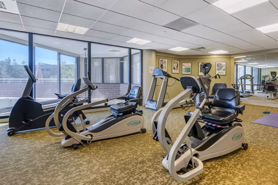 Exercise room with recumbent bikes, treadmills, large windows and a mirrored wall.