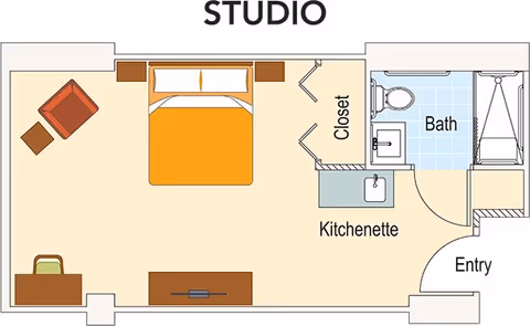 Floor plan of a studio apartment featuring a bed with two nightstands, a closet, a kitchenette with a sink, a bathroom with a toilet and shower, an entry door, a chair with a small table, and a desk with a chair.
