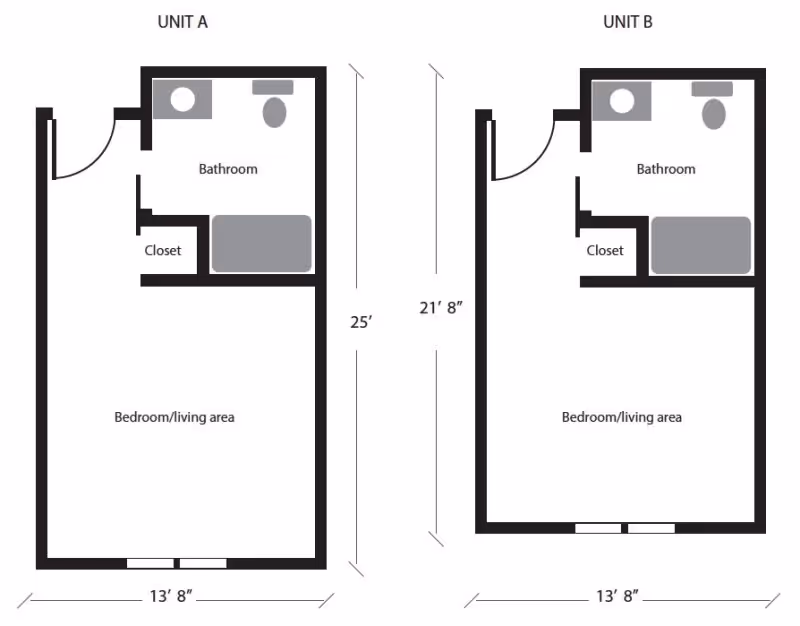 Floor plan layout of two units labeled Unit A and Unit B, each with a bathroom, closet, and combined bedroom/living area. Dimensions are provided for each unit.