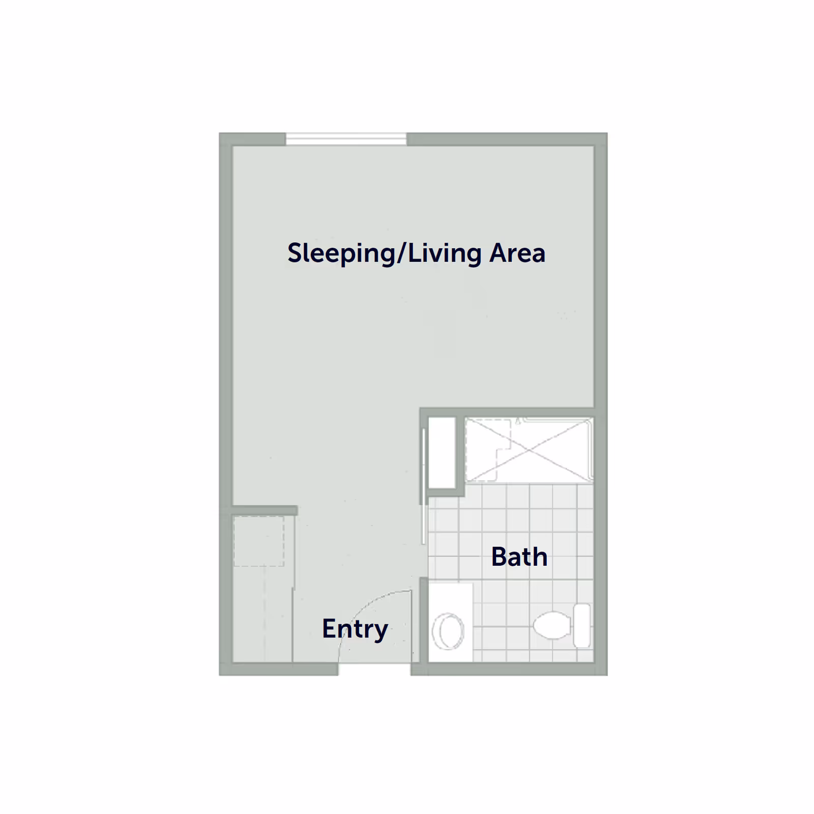 Top-down floor plan of a studio unit showing a sleeping/living area, an entry, and a bath.