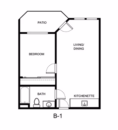 Black-and-white floor plan labeled B-1 showing a one-bedroom unit with patio, living/dining area, kitchenette, and bath.