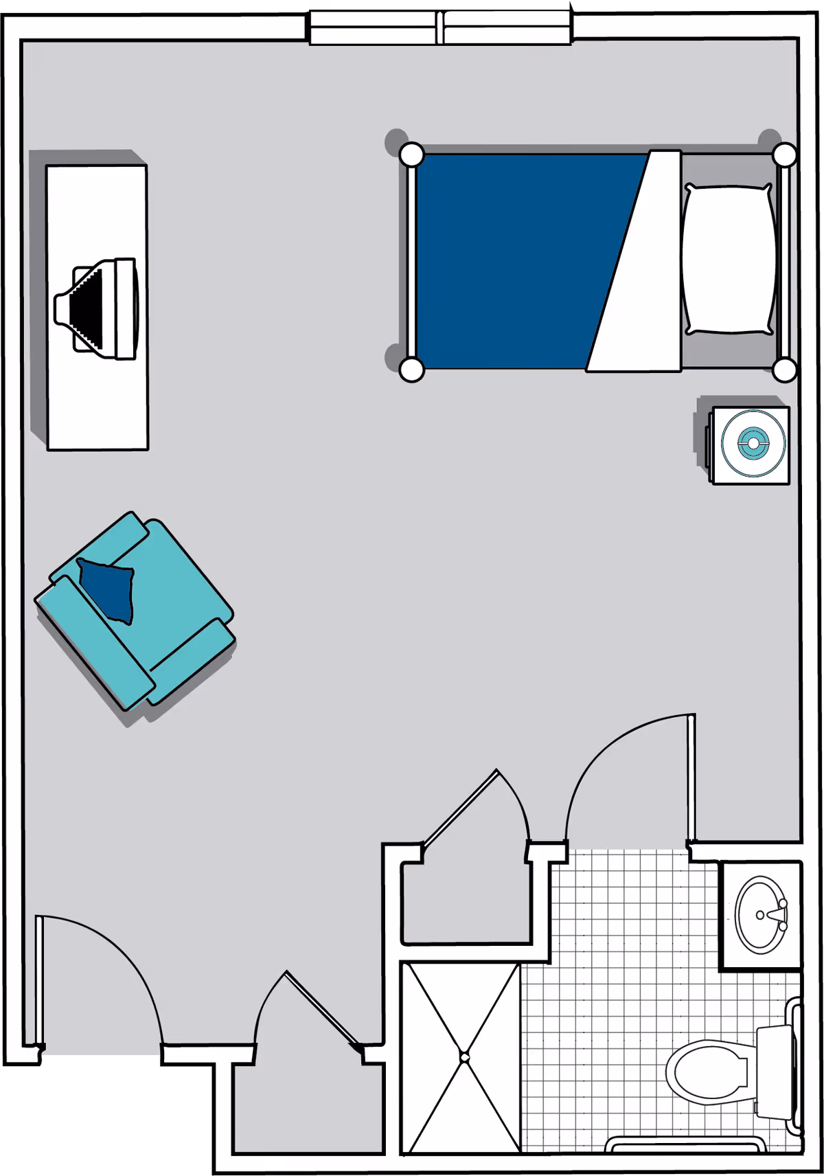 Floor plan of a senior living facility room at Oaks at Ellijay showing a bedroom area with a bed, nightstand, armchair, and dresser with a TV, along with an attached bathroom containing a shower, toilet, and sink.