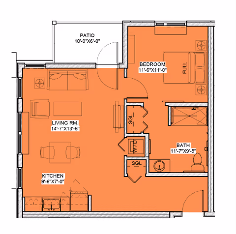 Floor plan of a one-bedroom apartment showing a living room, kitchen, bedroom, bathroom, closets and a patio with room dimensions.