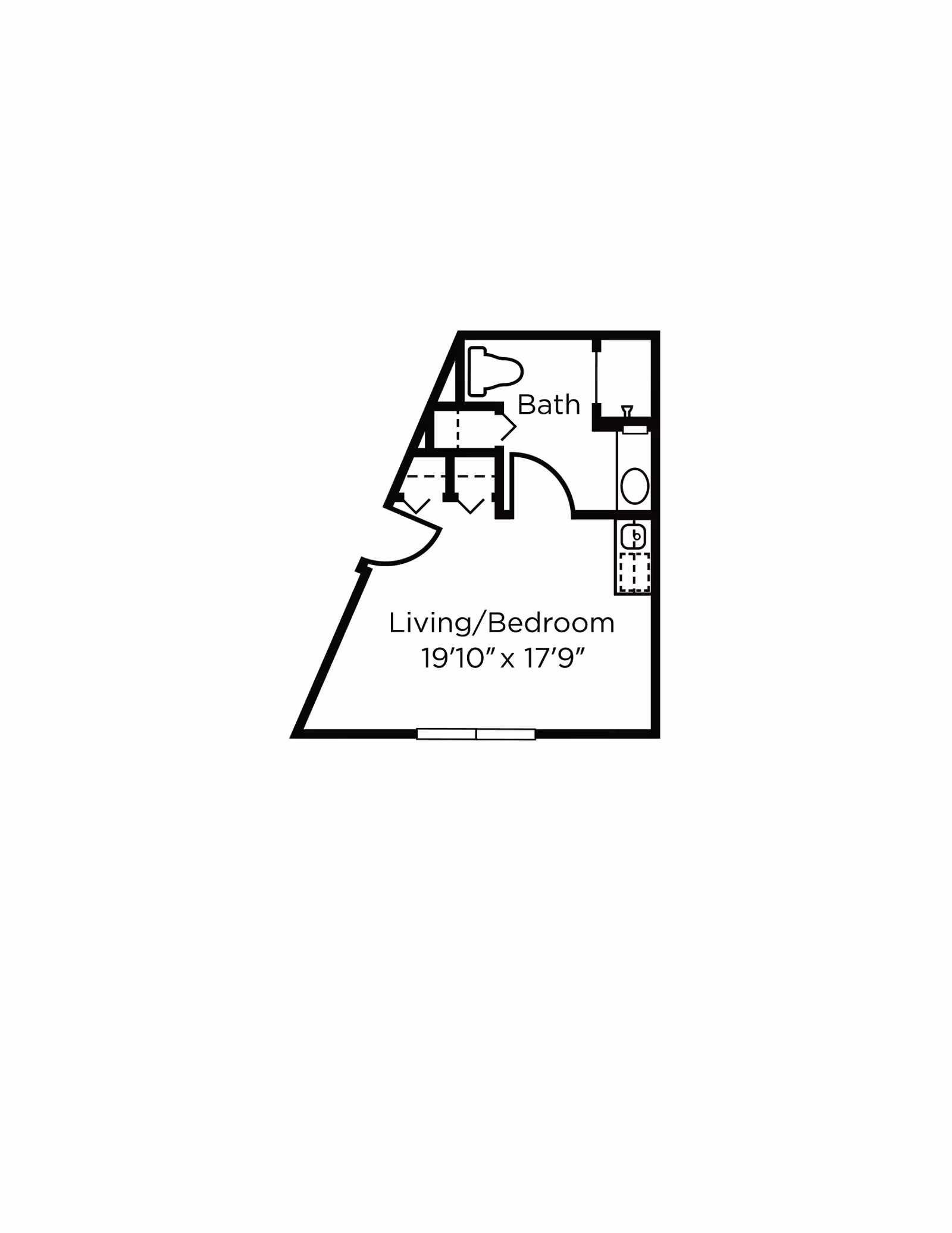 Floor plan layout of a studio apartment with a combined living and bedroom area measuring 19 feet 10 inches by 17 feet 9 inches, a bathroom, and a small kitchenette area.