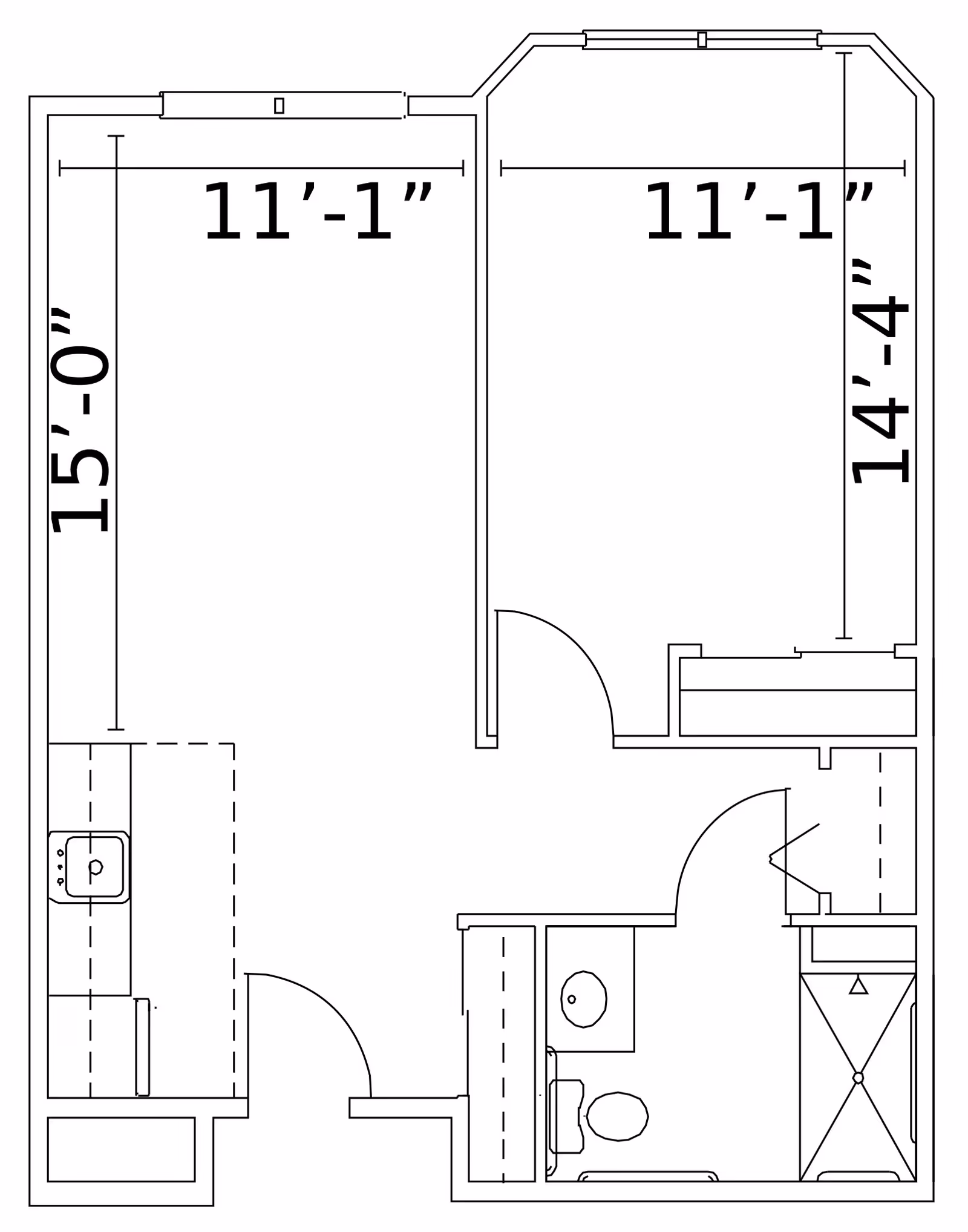 Architectural floor plan of a living space showing dimensions for two rooms, a kitchen area with a sink, and a bathroom with a toilet, sink, and shower.