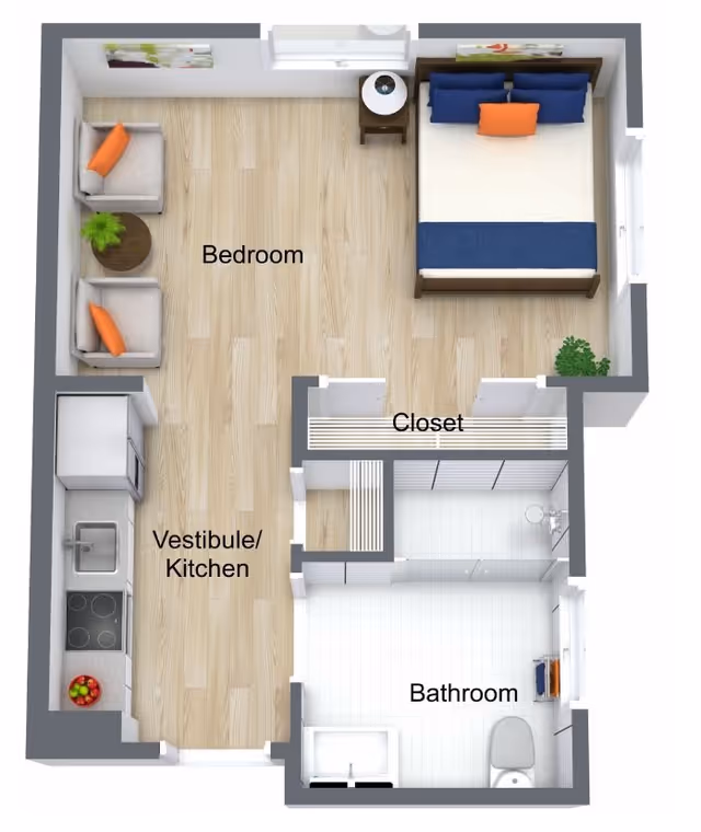 3D floor plan of a senior living unit at Santa Rosa Hills Senior Living showing a bedroom with a bed and two chairs, a vestibule/kitchen area with a sink and stove, a closet, and a bathroom with a shower, toilet, and sink.