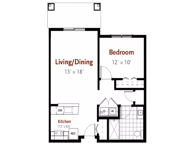 Floor plan of a senior living unit at Glenmont Abbey Village showing a living/dining area measuring 13 by 18 feet, a bedroom measuring 12 by 10 feet, a kitchen area measuring 7.5 by 8.5 feet, and a bathroom with a shower, toilet, and sink. The layout includes a washer and dryer area near the bathroom.