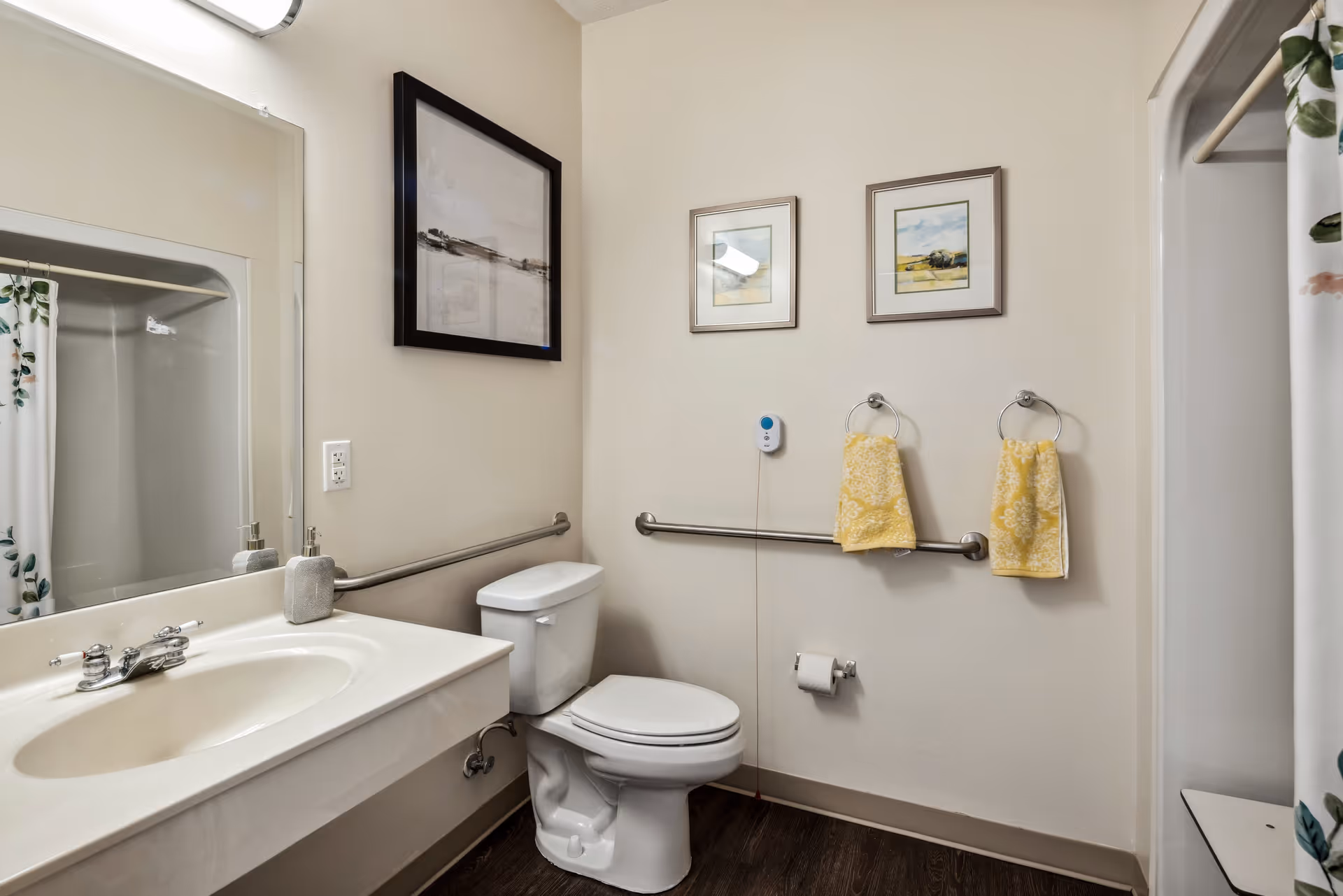 A clean and accessible bathroom featuring a white toilet, a white sink with a silver faucet, a large mirror above the sink, and a shower with a floral-patterned curtain. The walls are decorated with three framed pictures, and there are two yellow hand towels hanging on silver towel rings. A grab bar is installed along the wall behind the toilet and next to the towels for accessibility.