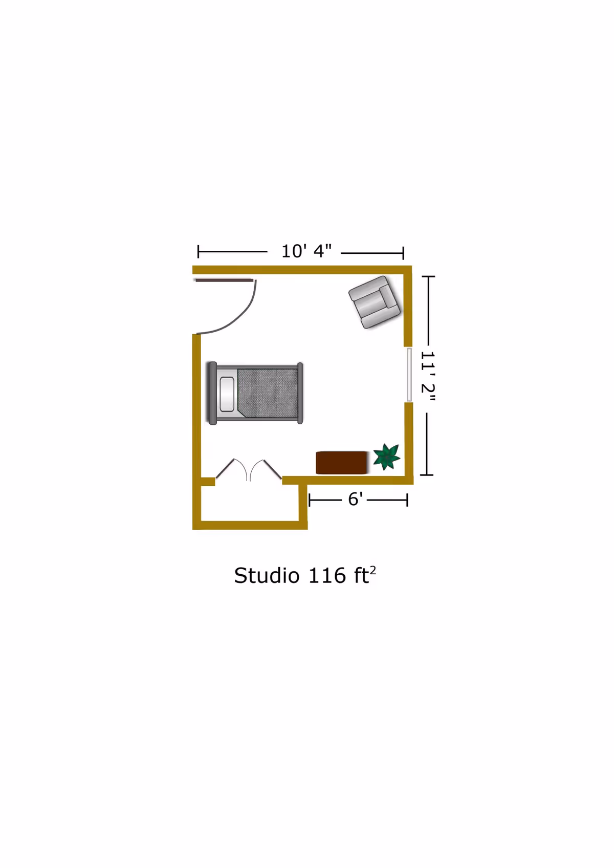 Floor plan of a studio apartment measuring 116 square feet, showing a bed, an armchair, a small table with a plant, and dimensions of 10 feet 4 inches by 11 feet 2 inches with an additional 6 feet section.