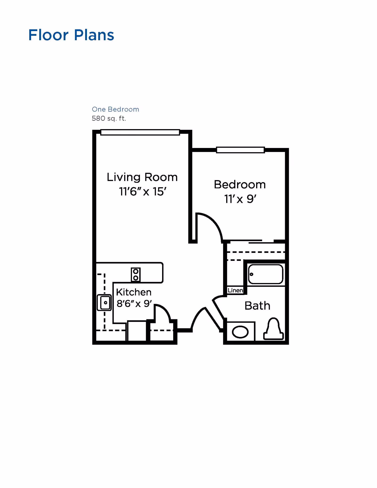 Floor plan of a one-bedroom apartment with 580 square feet. The layout includes a living room measuring 11 feet 6 inches by 15 feet, a bedroom measuring 11 feet by 9 feet, a kitchen measuring 8 feet 6 inches by 9 feet, and a bathroom with a linen closet.