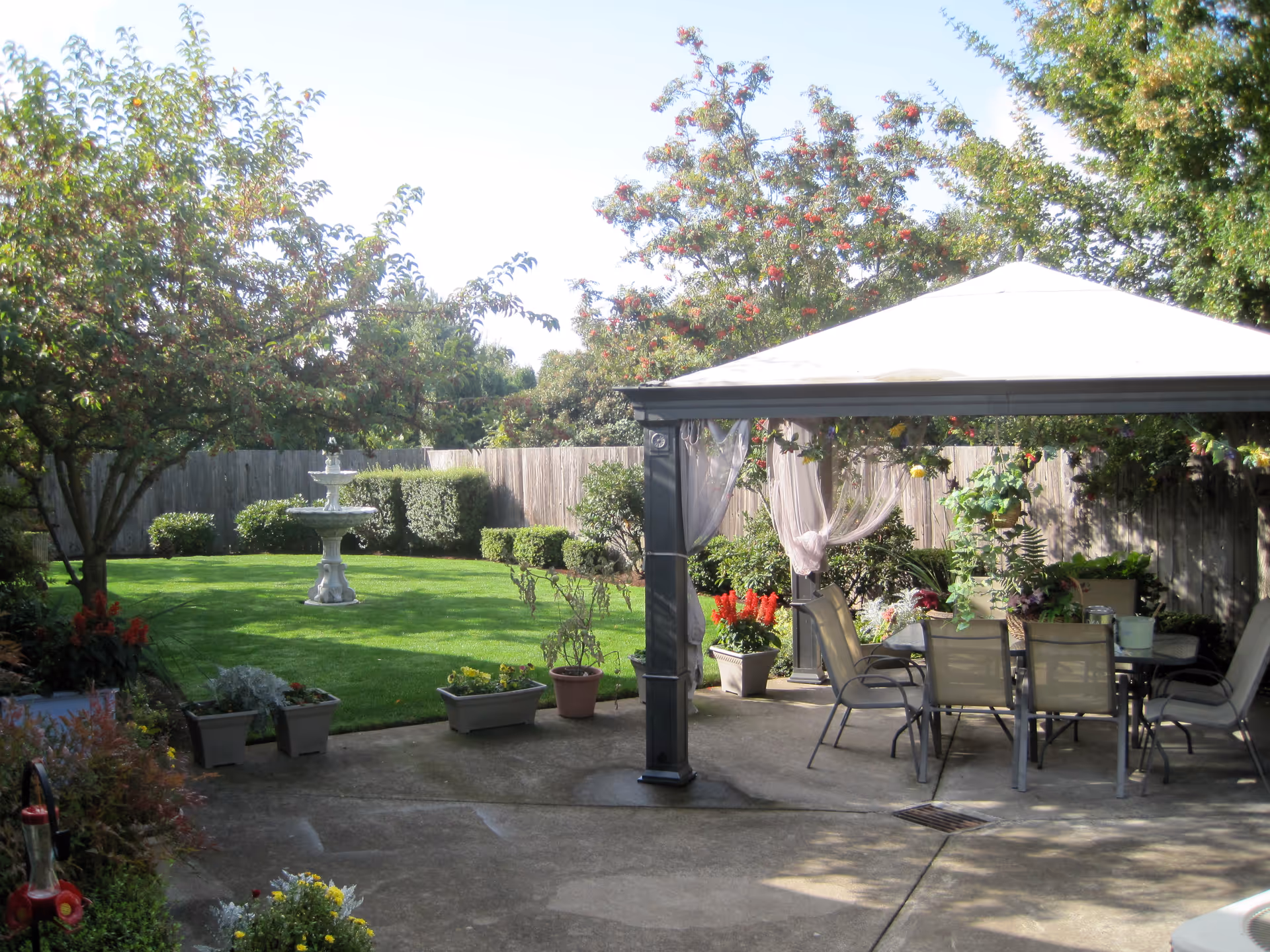 Backyard garden with a gazebo-covered patio dining set, potted plants, and a central lawn fountain.