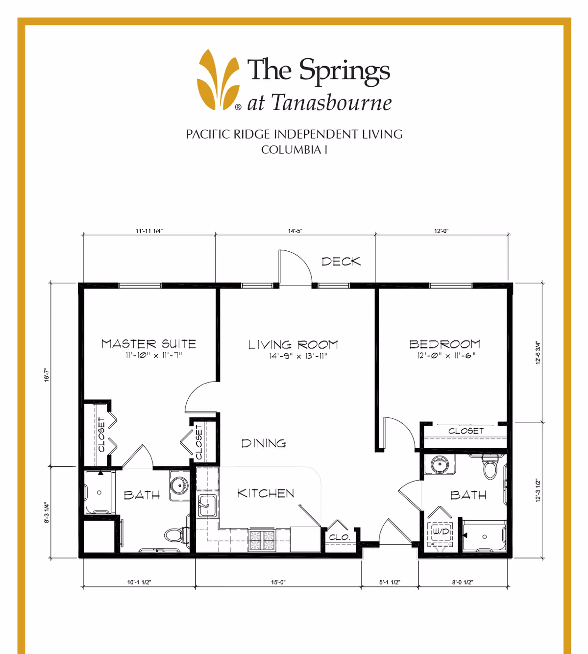 Floor plan layout of The Springs at Tanasbourne Pacific Ridge Independent Living Columbia I unit, showing a master suite with closet and bath, a living room with dining area, a kitchen, a second bedroom with closet and bath, a deck, and additional closets.