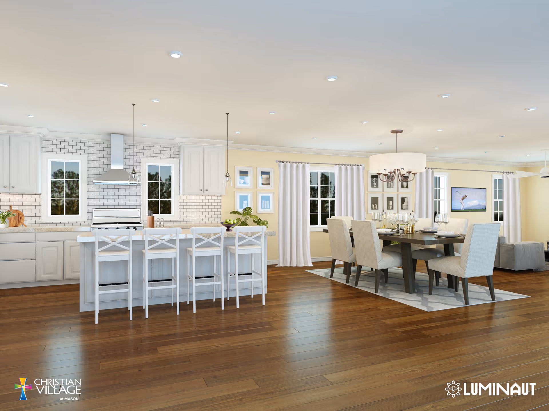 Bright and spacious open-concept kitchen and dining area with white cabinetry, a kitchen island with four white bar stools, hardwood floors, a dining table with six upholstered chairs, large windows with white curtains, and modern light fixtures.