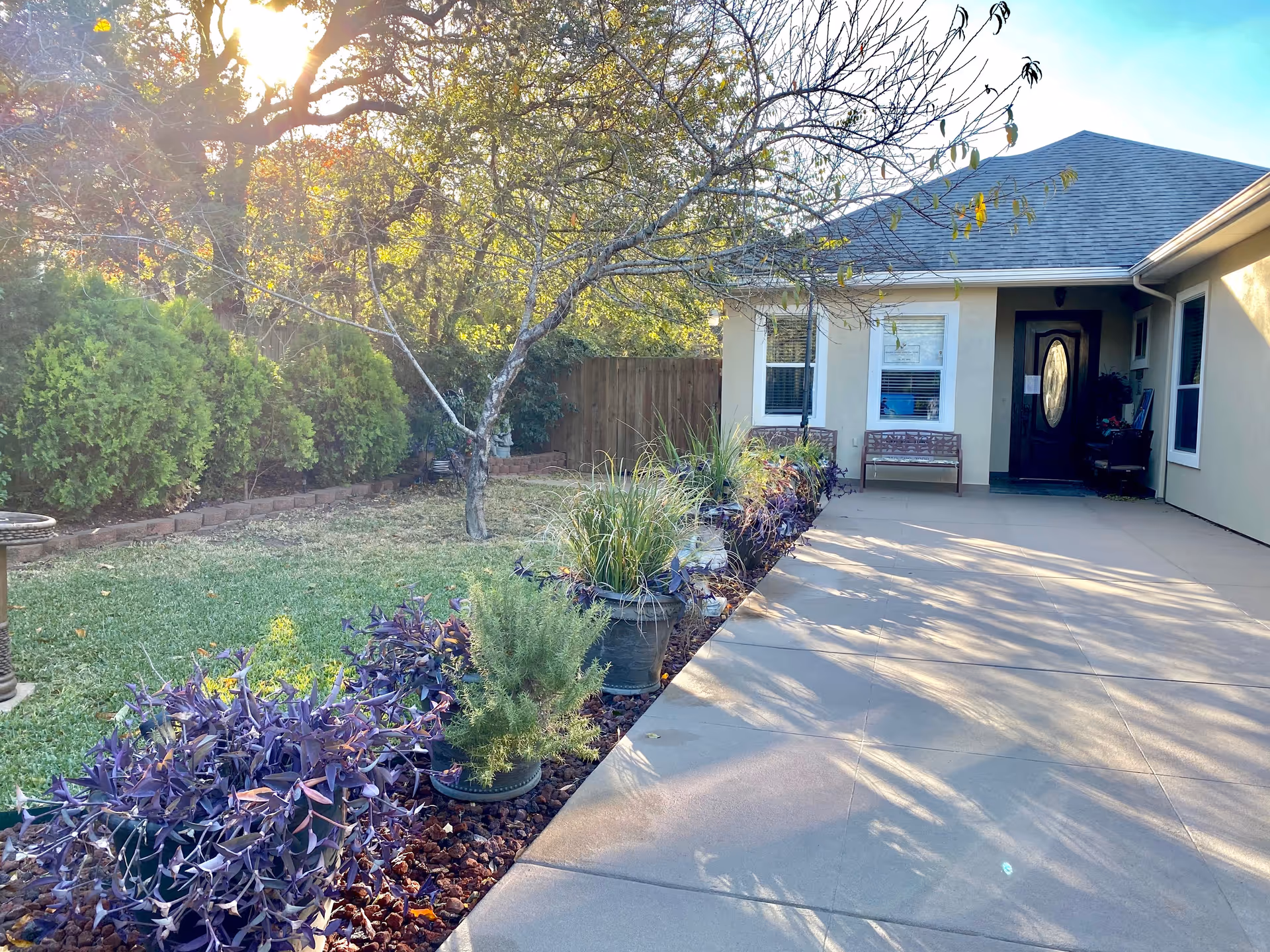 Front yard and entrance of a single-story assisted living building with potted plants, a tree, and a paved walkway.
