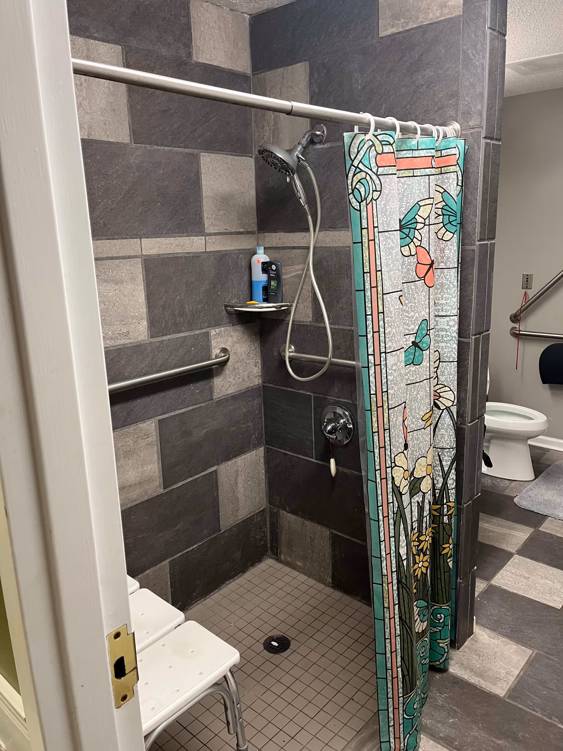 A senior-friendly bathroom with a tiled walk-in shower featuring a handheld showerhead, a white shower chair, and grab bars on the walls. The shower curtain has a colorful floral and butterfly design. In the background, a toilet with a grab bar is visible.