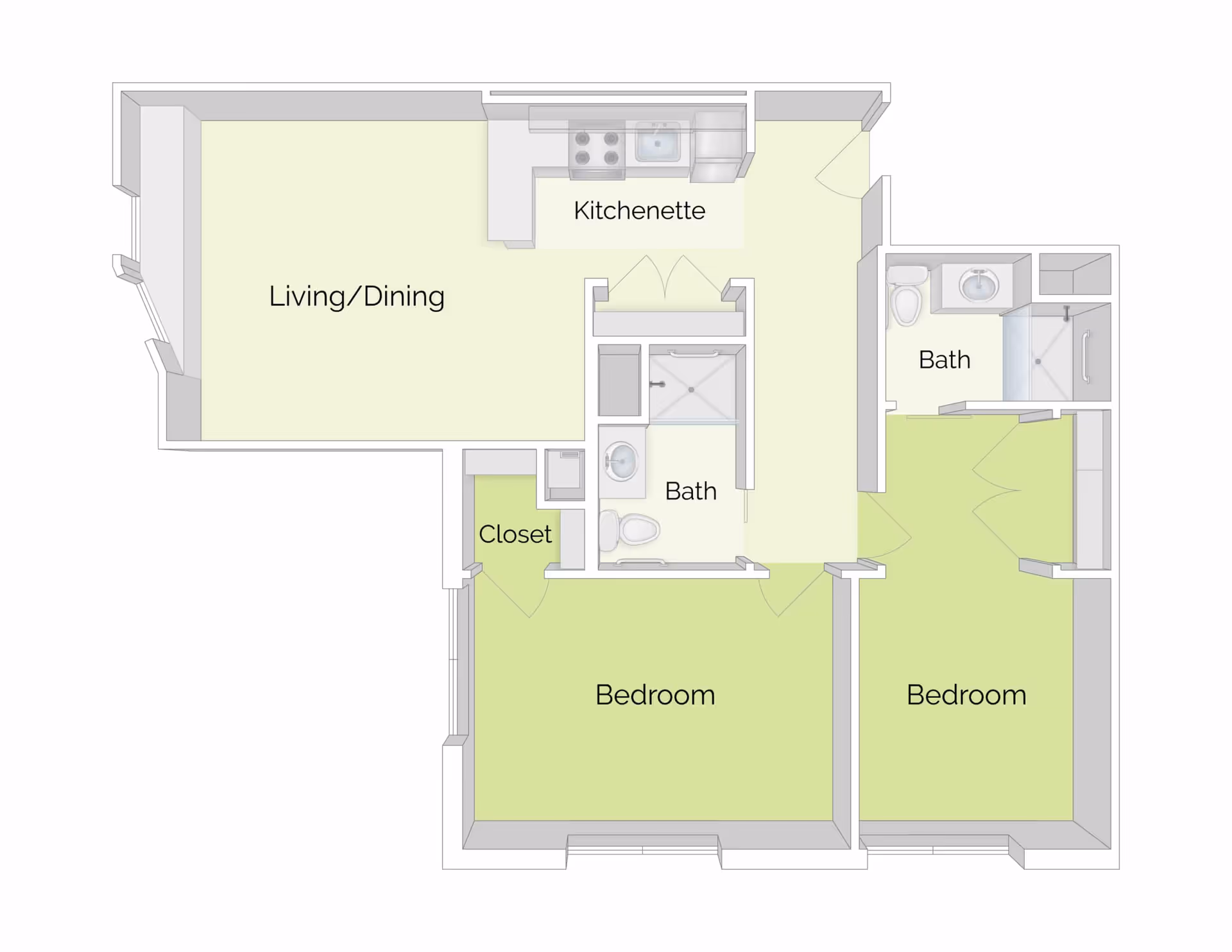 Floor plan of a residential unit showing two bedrooms, two bathrooms, a living/dining area, a kitchenette, and a closet.
