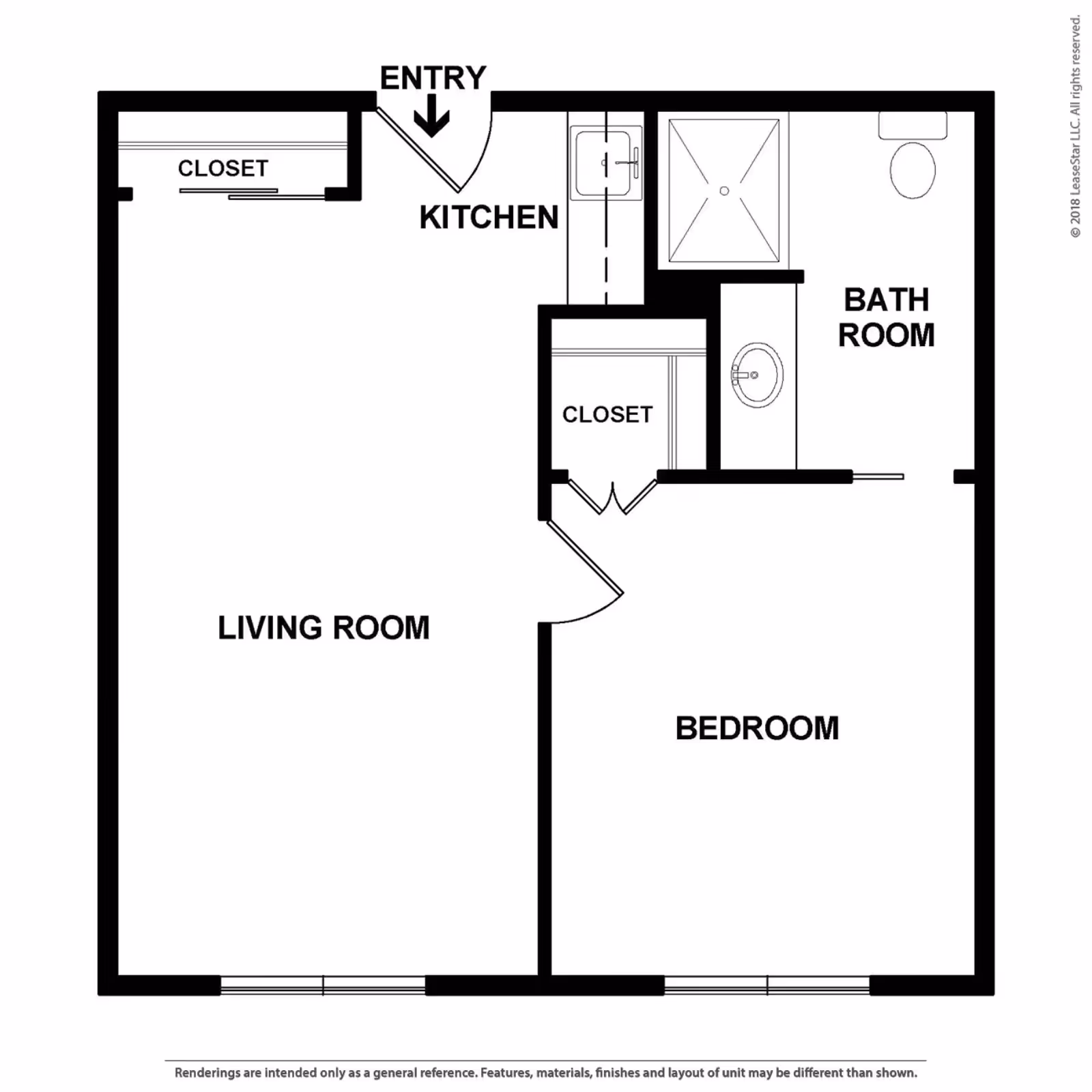 Floor plan layout of a senior living unit at Charter Senior Living of Panama City Beach, showing an entry leading into a kitchen area with a closet, a living room, a bedroom with an adjacent closet, and a bathroom with a shower, sink, and toilet.