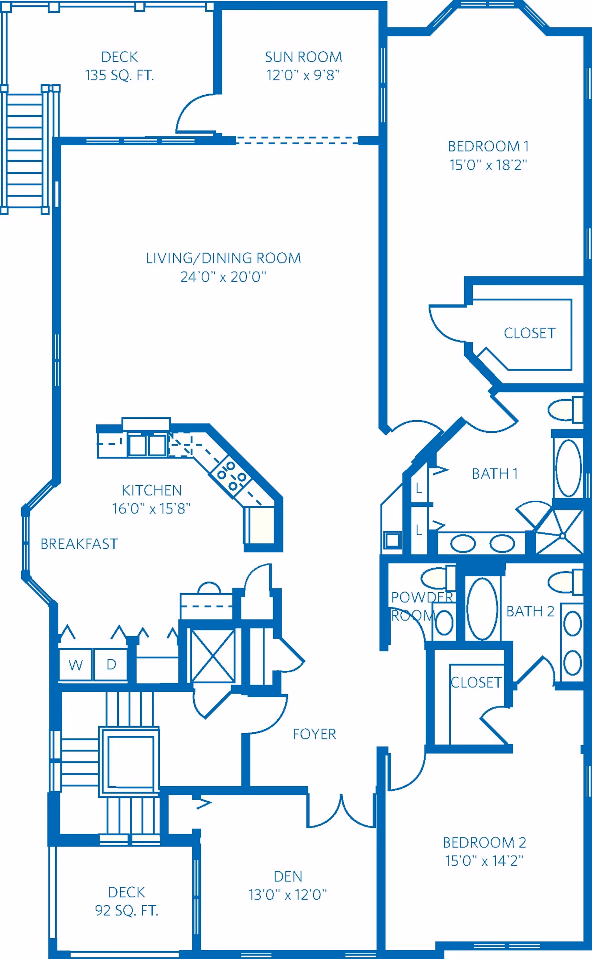 Architectural floor plan of a residential unit at TidePointe, a Vi Community, showing two bedrooms, two full bathrooms, one powder room, a kitchen with breakfast area, living/dining room, sun room, den, foyer, closets, and two decks with specified square footage.