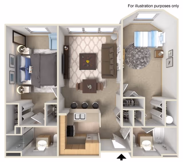 Top-down view of a two-bedroom apartment floor plan showing a living room with a sofa, coffee table, and dining table with chairs. The kitchen has a sink, stove, and refrigerator. One bedroom has a double bed with nightstands and a closet, and the other bedroom has a single bed with a nightstand and closet. There are two bathrooms, each with a toilet, sink, and shower. The layout includes windows and doors, with carpeted and tiled flooring.