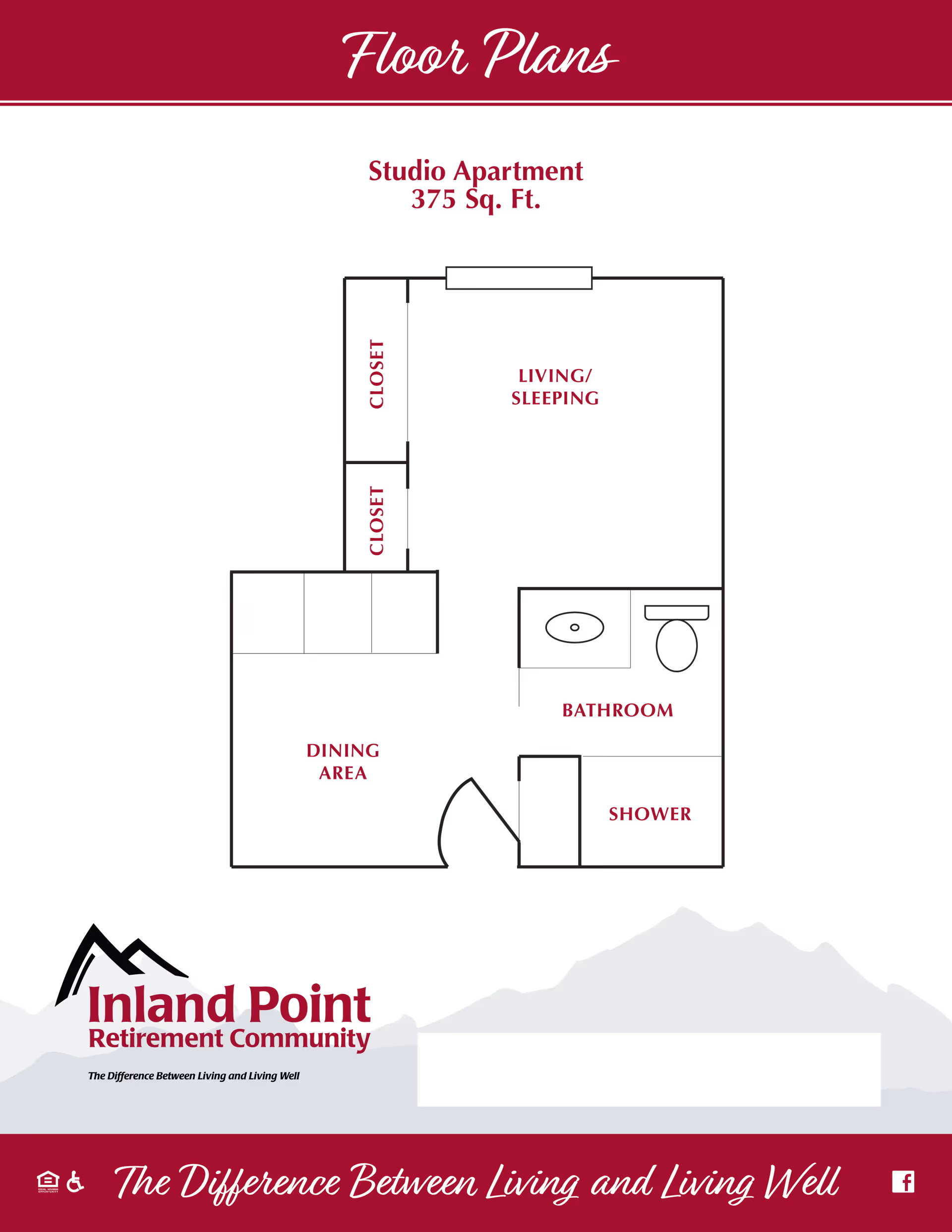 Black and maroon floor plan graphic for a 375 sq. ft. studio apartment showing living/sleeping area, dining area, closets, bathroom and shower with Inland Point Retirement Community branding.