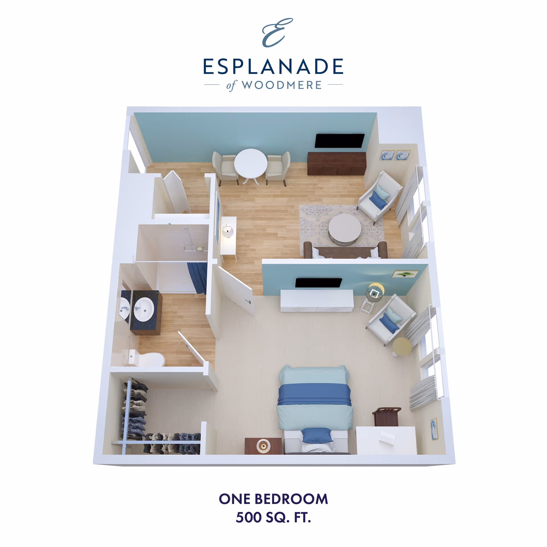 3D floor plan of a one-bedroom apartment at Esplanade of Woodmere, showing a bedroom with a bed, nightstand, and chair; a living room with a sofa, two chairs, a coffee table, and TV; a dining area with a round table and two chairs; a bathroom with a shower, toilet, and sink; and a closet space. The total area is 500 square feet.