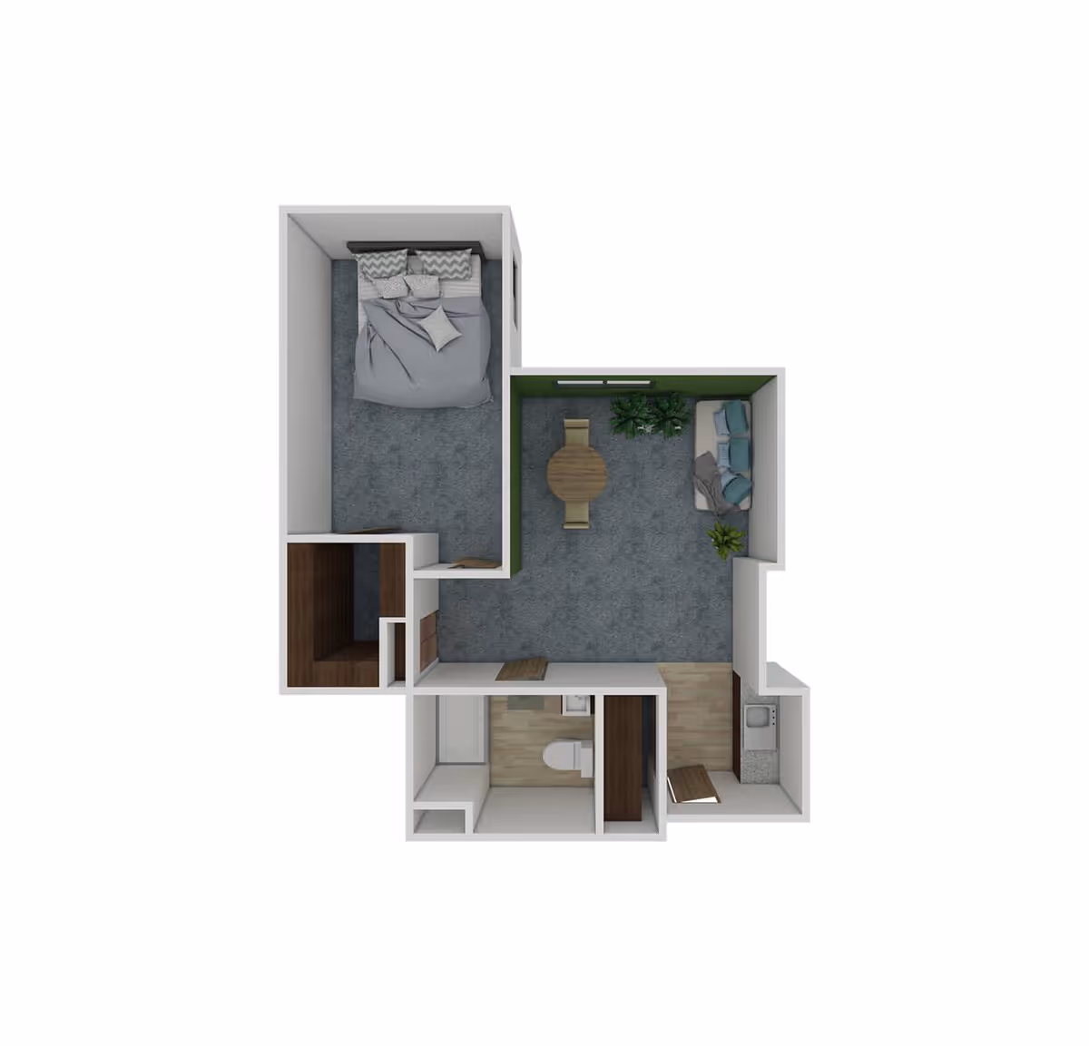 3D floor plan of a one-bedroom apartment featuring a bedroom with a bed and pillows, a living room with a round dining table and chairs, a sofa, and plants. The layout also includes a bathroom with a toilet and bathtub, and a small kitchen area with a sink.